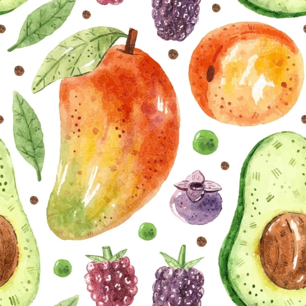 Tapeta do jadalni przedstawiająca zbliżenie na akwarelowy wzór z mango, awokado, morelą i jagodami