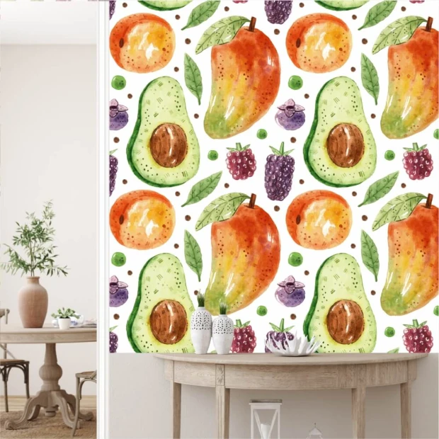 Fototapeta do jadalni z akwarelowym motywem mango, awokado, moreli i jagód na białym tle