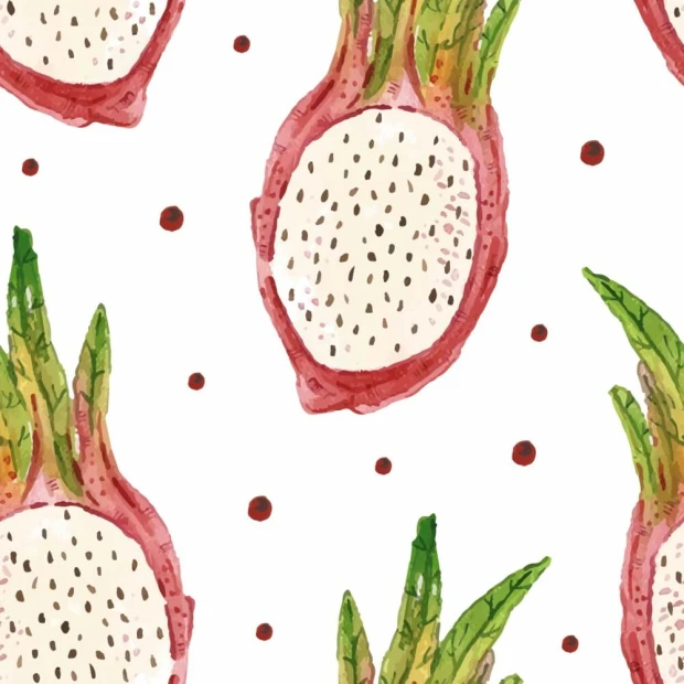 Tapeta do jadalni Pitahaja, pitaja, smoczy owoc 0334 - Wzór graficzny. Motyw przedstawia smoczy owoc z zielonymi liśćmi