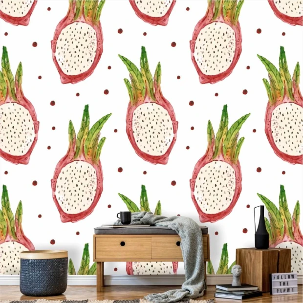 Tapeta do jadalni Pitahaja, pitaja, smoczy owoc 0334 - Aranżacja w jadalni. Jasne ściany z drewnianymi meblami