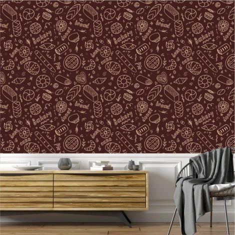 Tapeta do kuchni, jadalni Pieczywo, ciasta, wypieki 0350 - Wzór graficzny. Rysunki pieczywa, ciast i wypieków na brązowym