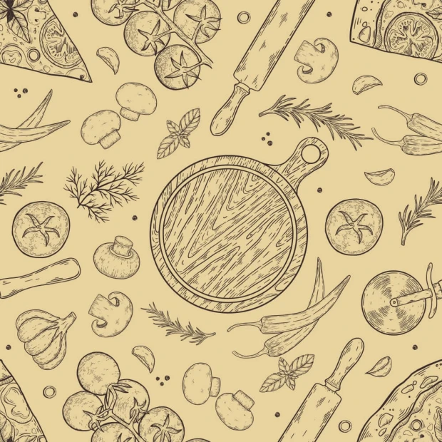 Tapeta do kuchni, jadalni Pizza 0347 - Wzór graficzny. Rysunki składników pizzy, deski do krojenia i ziół na jasnym tle