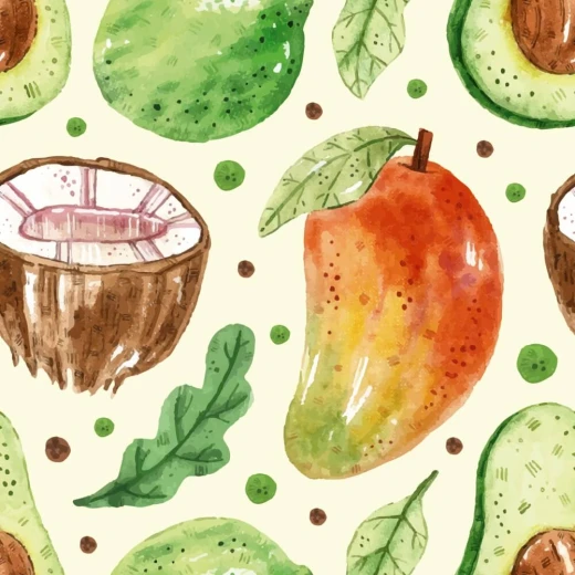 Fototapeta na jasnym tle z bliska prezentująca akwarelowy wzór w owoce mango, połówki kokosa i awokado