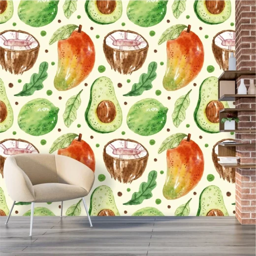 Fototapeta na ścianę z akwarelowym wzorem w owoce mango, połówki kokosa i awokado w jadalni