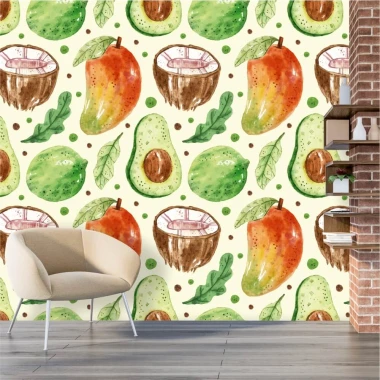 Tapeta do kuchni Owoce mango, kokosy, awokado 0330 - Aranżacja w kuchni. Jasne ściany z elementami brązu i zieleni