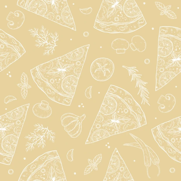 Tapeta do kuchni Pizza, warzywa, owoce, przyprawy 0348 - Wzór graficzny. Kształty kawałków pizzy, warzyw i przypraw
