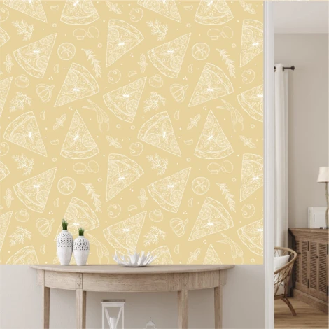 Tapeta do kuchni Pizza, warzywa, owoce, przyprawy 0348 - Wzór graficzny. Na jasnym tle znajdują się rysunki kawałków pizzy