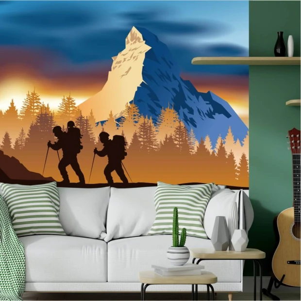 Tapeta Górska wspinaczka na Matterhorn 0374 - Aranżacja w salonie. Ściany w odcieniach zieleni, sofa w jasnych kolorach