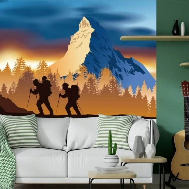Tapeta Górska wspinaczka na Matterhorn 0374 - Aranżacja w salonie. Ściany w odcieniach zieleni, sofa w jasnych kolorach