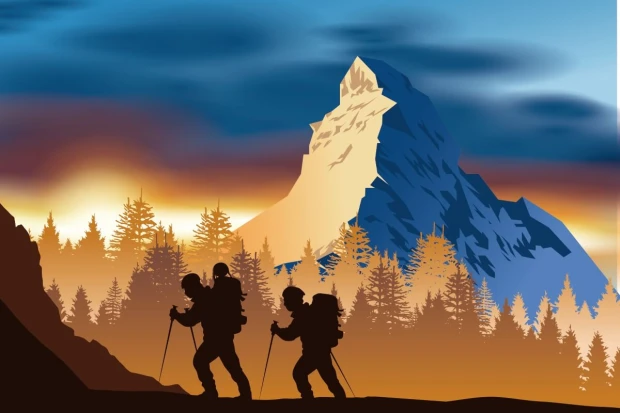 Tapeta Górska wspinaczka na Matterhorn 0374 - Wzór graficzny. Dwie postacie wspinające się w górach, w tle szczyt Matterhorn