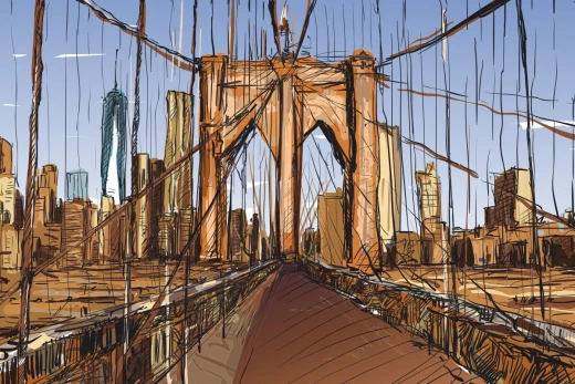 Fototapeta z rysunkowym motywem mostu Brooklyn Bridge w Nowym Jorku na białym tle jako wizualizacja wzoru