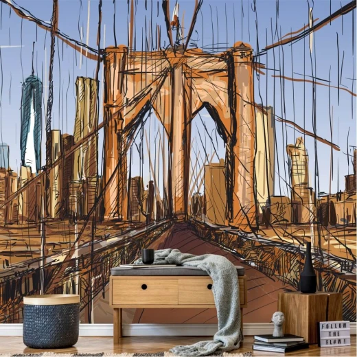 Fototapeta z rysunkowym motywem mostu Brooklyn Bridge w Nowym Jorku na ścianie w salonie