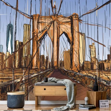 Tapeta Most Brooklyn Bridge, Nowy Jork 0361 - Aranżacja w nowoczesnym salonie. Ściany w jasnych kolorach, minimalistyczne