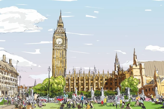 Tapeta na ścianę Big Ben, Londyn 0364 - Wzór graficzny. Rysunek przedstawia Big Bena z zielonymi drzewami i ludźmi w parku