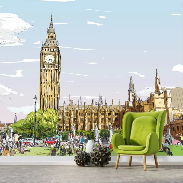 Tapeta na ścianę Big Ben, Londyn 0364 - Aranżacja w salonie. Ściany w jasnych kolorach, nowoczesne meble w kolorze zielonym
