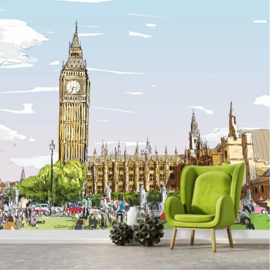 Tapeta na ścianę Big Ben, Londyn 0364 - Aranżacja w salonie. Ściany w jasnych kolorach, nowoczesne meble w kolorze zielonym