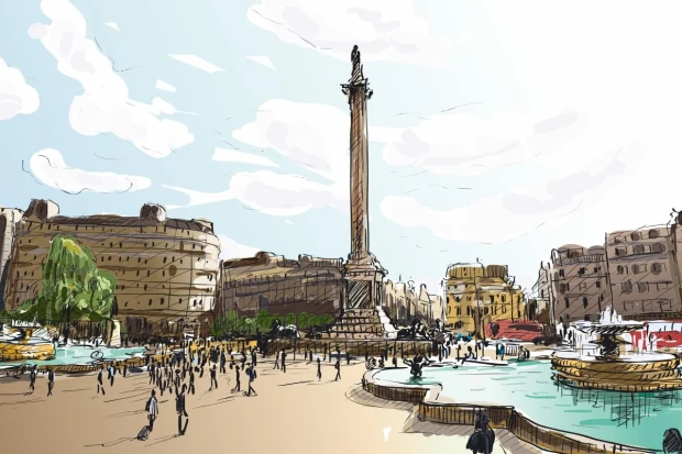 Fototapeta z rysunkiem Londynu przedstawiająca plac Trafalgar Square z kolumną Nelsona na białym tle