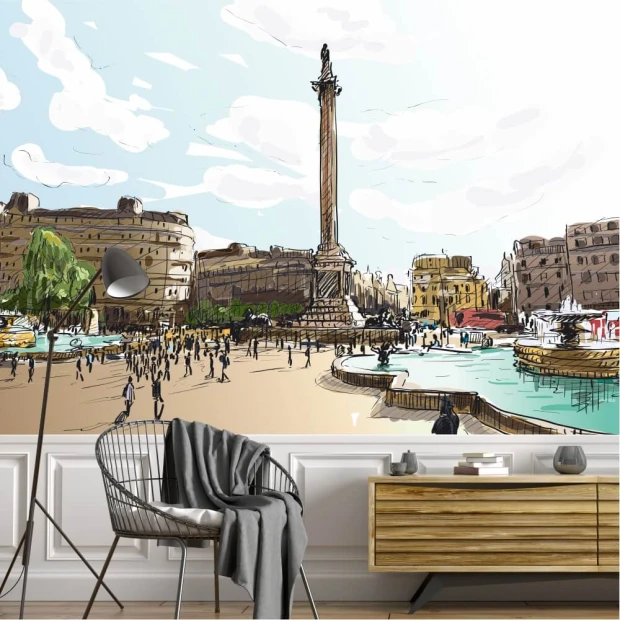 Fototapeta na ścianę z rysunkowym motywem placu Trafalgar Square w Londynie z kolumną Nelsona i fontannami