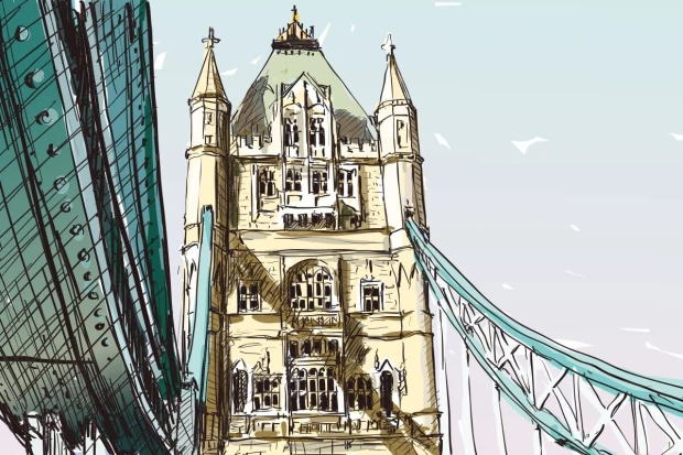 Tapeta na ścianę Most Tower Bridge, Londyn 0370 - Wzór graficzny. Rysunek mostu z wieżami i linami, w pastelowych kolorach