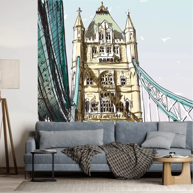 Tapeta na ścianę Most Tower Bridge, Londyn 0370 - Aranżacja w salonie. Ściany w jasnych kolorach, meble w odcieniach