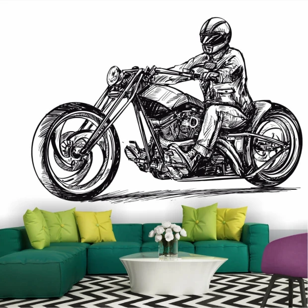 Tapeta na ścianę Motocyklista 0362 - Aranżacja w salonie. Ściany w jasnych kolorach, meble w odcieniach zieleni