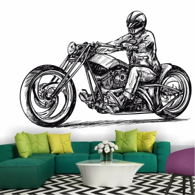 Tapeta na ścianę Motocyklista 0362 - Aranżacja w salonie. Ściany w jasnych kolorach, meble w odcieniach zieleni