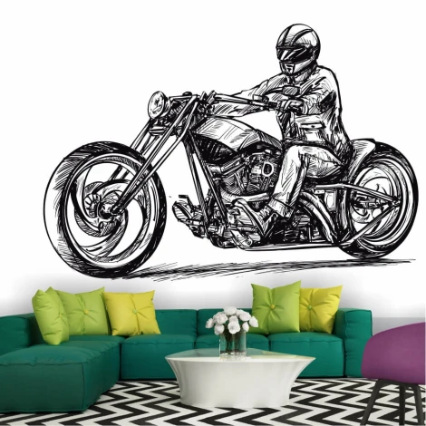 Tapeta na ścianę Motocyklista 0362 - Aranżacja w salonie. Ściany w jasnych kolorach, meble w odcieniach zieleni