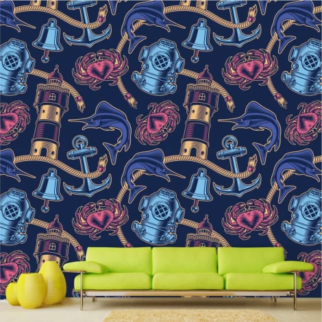 Tapeta na ścianę Motyw morski, marynistyczny 0343 - Wzór graficzny. Grafika przedstawia latarnie, delfiny, kotwice, muszle
