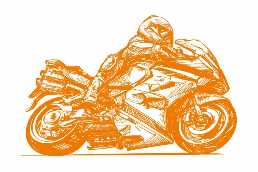 Wizualizacja fototapety na białym tle z pomarańczowym szkicem sportowego motocykla wyścigowego z motocyklistą