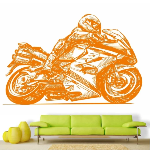 Fototapeta na ścianę z pomarańczowym szkicem sportowego motocykla wyścigowego z motocyklistą