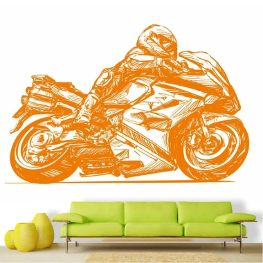 Tapeta na ścianę Sportowy motocykl wyścigowy 0363 - Aranżacja w salonie. Zielona kanapa na tle białej ściany z grafiką
