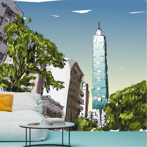 Tapeta na ścianę Wieżowce w Tajpej 0369 - Aranżacja w salonie. Jasne ściany i nowoczesne meble