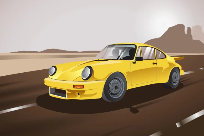 Tapeta na ścianę Żółte klasyczne auto sportowe 0354 - Wzór graficzny. Żółte auto sportowe na drodze, w tle góry i jasne