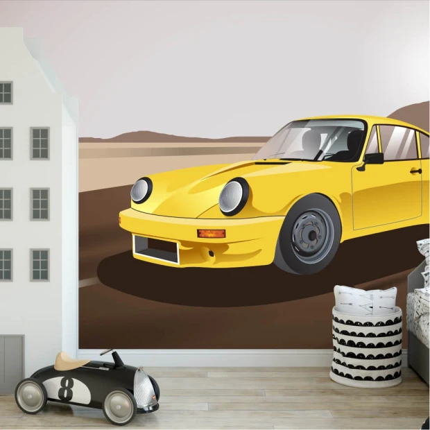 Tapeta na ścianę Żółte klasyczne auto sportowe 0354 - Aranżacja w pokoju z domkiem i zabawkowym autem. Ściany w jasnych
