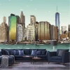 Tapeta Nowy Jork, panorama miasta 0345 - Aranżacja w salonie. Szare ściany, ciemne meble i stół
