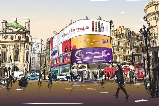 Fototapeta z rysunkowym motywem ulicznym Londynu, ukazująca budynki, przechodniów i neony Piccadilly Circus