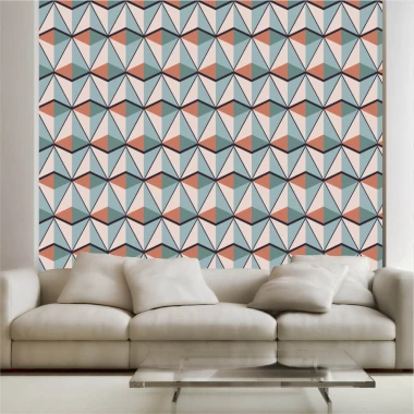Tapeta Wzór geometryczny vintage 0342 - Aranżacja w salonie. Jasne ściany z geometrycznym wzorem w pastelowych kolorach
