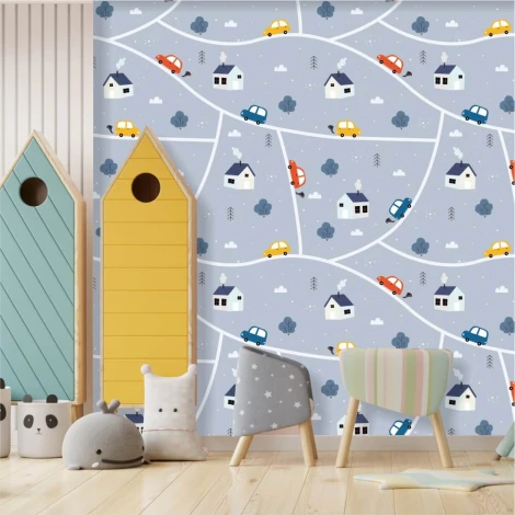 Tapeta dla dzieci Wioska, drogi, autka, domki, drzewka 0408 - Aranżacja w pokoju dziecięcym. Ściany w jasnych kolorach
