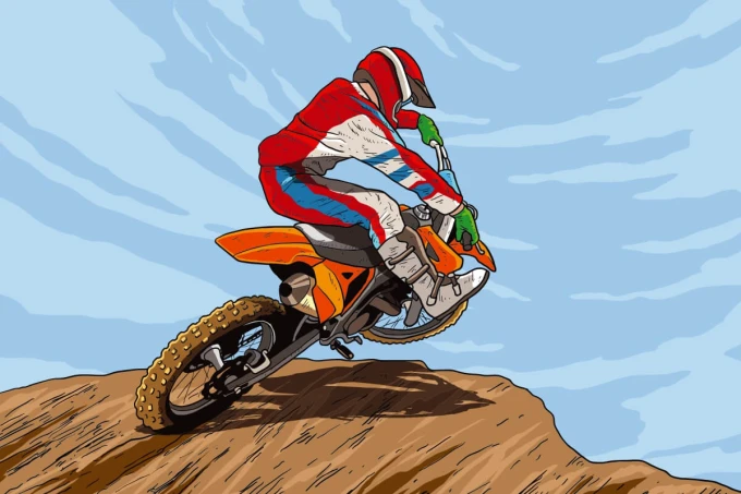 Tapeta dla młodzieży Motocross, skoki 0378 - Wzór graficzny. Motocyklista w czerwono-niebieskim stroju skacze
