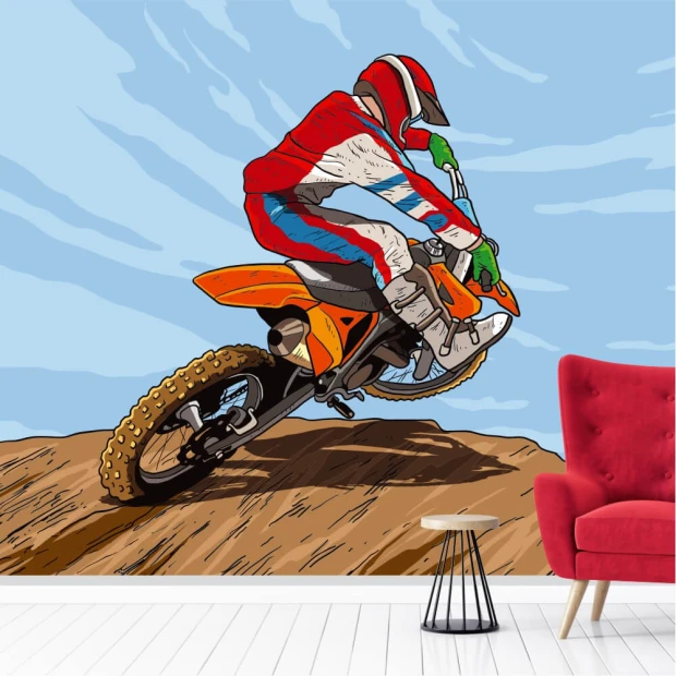 Tapeta dla młodzieży Motocross, skoki 0378 - Wzór graficzny. Motocyklista w czerwono-białym stroju skacze nad ziemią