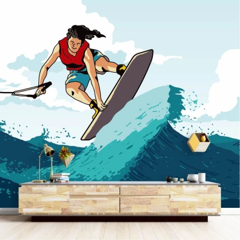 Tapeta dla młodzieży Wakeboarding pośród fal 0379 - Aranżacja w nowoczesnym pokoju. Ściany w jasnych odcieniach, meble