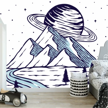Tapeta do pokoju chłopca Góry z planetą w tle 0406 - Aranżacja w pokoju dziecięcym. Ściany w jasnych kolorach, nowoczesne