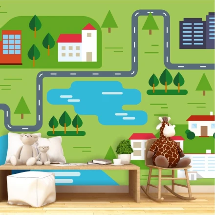 Tapeta do pokoju dziecka Krajobraz, droga przez miasto i wieś 0412
