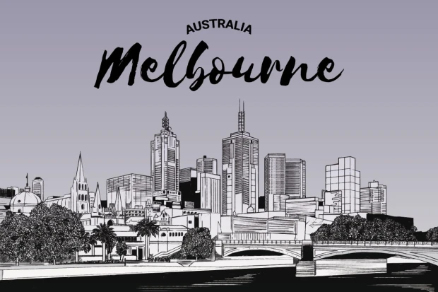Fototapeta przedstawiająca czarno-biały szkic panoramy Melbourne z rzeką i mostem na fioletowoszarym tle