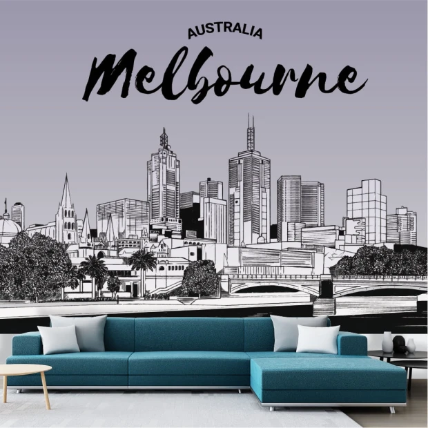 Fototapeta na ścianę z czarno-białą ilustracją panoramy Melbourne i napisem na szarym tle