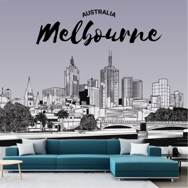 Tapeta Melbourne, Australia, panorama miasta, ilustracja 0400 - Aranżacja w salonie. Ściany w odcieniach szarości