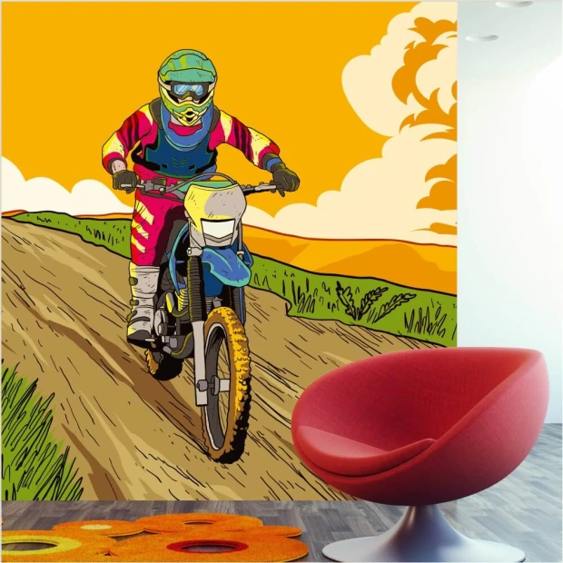 Tapeta Motocykl enduro, cross w terenie górskim 0384 - Wzór graficzny. Motocykl na drodze, postać w kolorowym stroju, tło