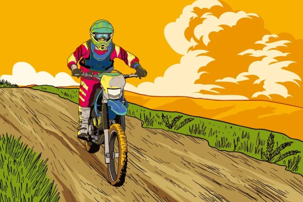 Tapeta Motocykl enduro, cross w terenie górskim 0384 - Wzór graficzny. Motocykl na drodze, z zielonymi wzgórzami