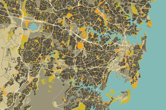 Tapeta na ścianę Mapa vintage, Sydney, Australia 0410 - Wzór graficzny. Mapa przedstawia ulice, rzeki i tereny zielone