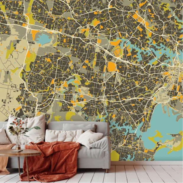 Tapeta na ścianę Mapa vintage, Sydney, Australia 0410 - Aranżacja w salonie. Ściany w odcieniach beżu i brązu